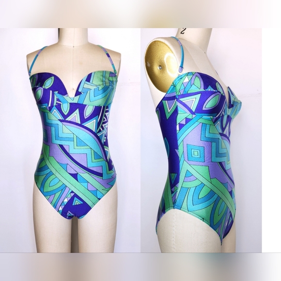 Italian Psychedelic pucciesque One Piece Swimsuit Halter Bathing Suit Italy 60s